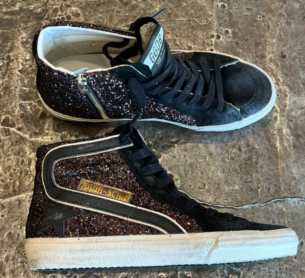 Golden Goose Slide High Top Sneaker Glitter Coffee Brown Black