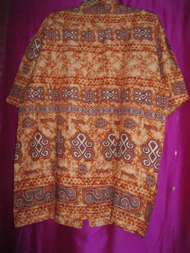 INDONESIAN BATIK SHIRT, NEW, ORANGE & MAROON, ART-S . BORNEO LABEL, SZ M/L - Picture 11 of 22