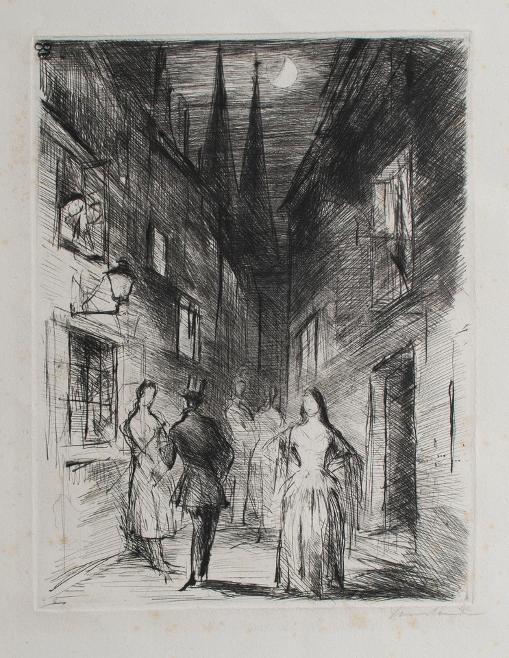 Hans Meid Impressionismus Straßenszene Nacht Menschen Gespräch Radierung 20 Jhd - Bild 3 von 4