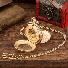 Retro Golden Manual Mechanical Pocket Watch Roman Number Double Hunter Chain