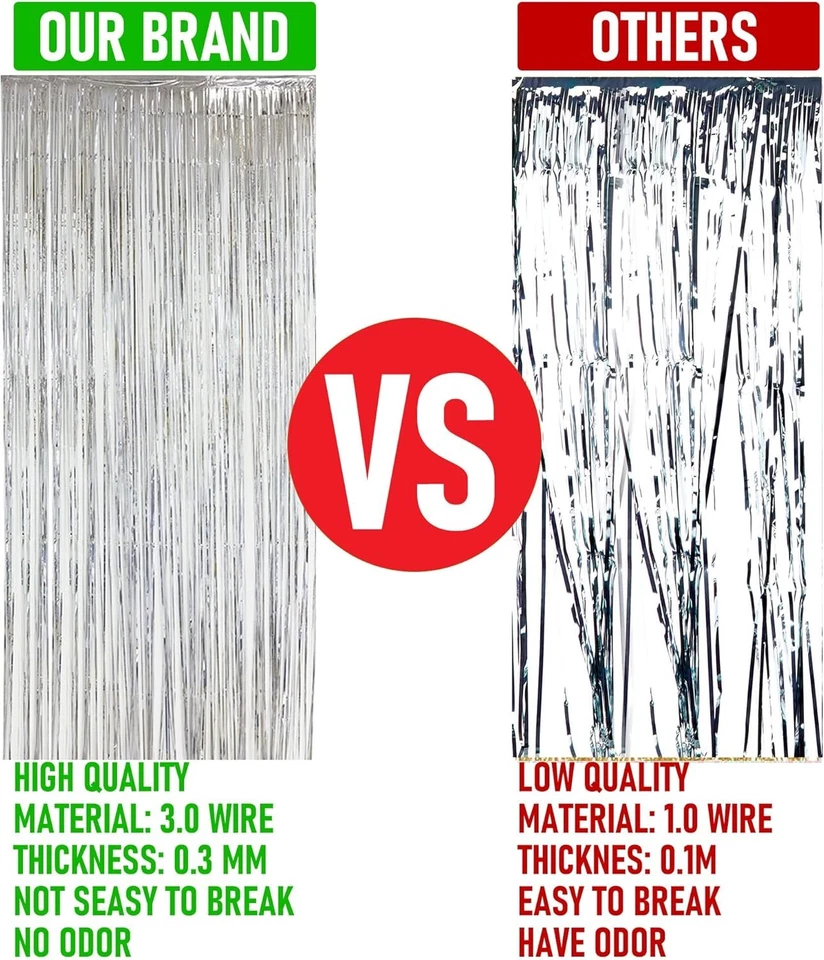 Paquete de 2 telones de fondo de lámina metálica plateadas: cortinas con flecos de oropel cabina de fotos Foto 3 de 4