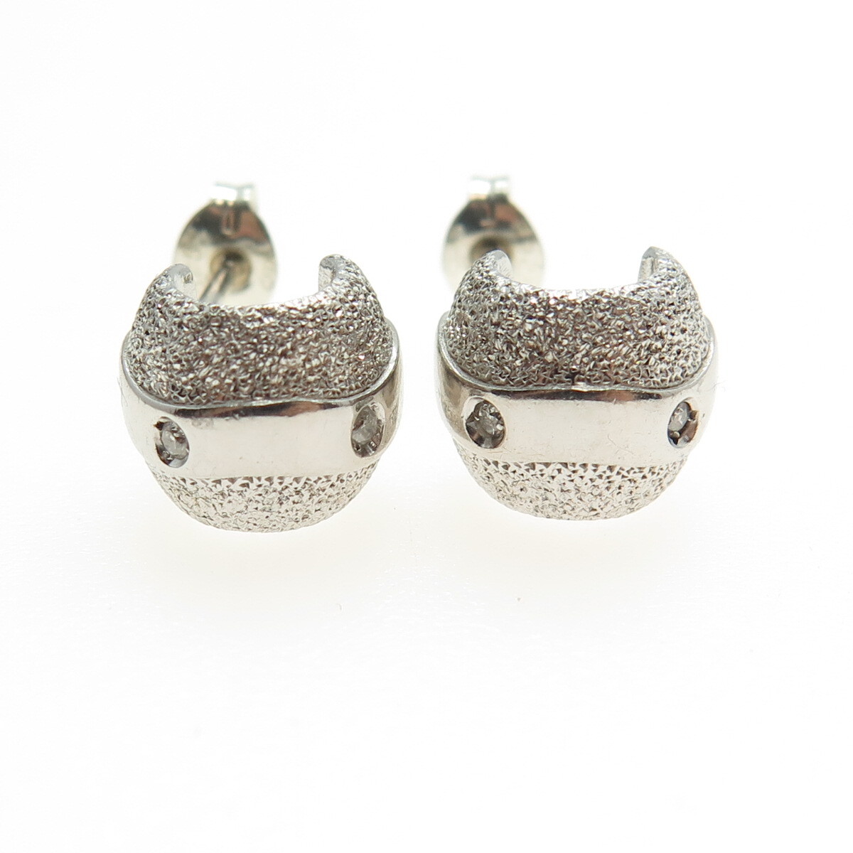 925 Sterling Silver Real Round-Cut Diamond Textured Half Hoop Earrings View 4