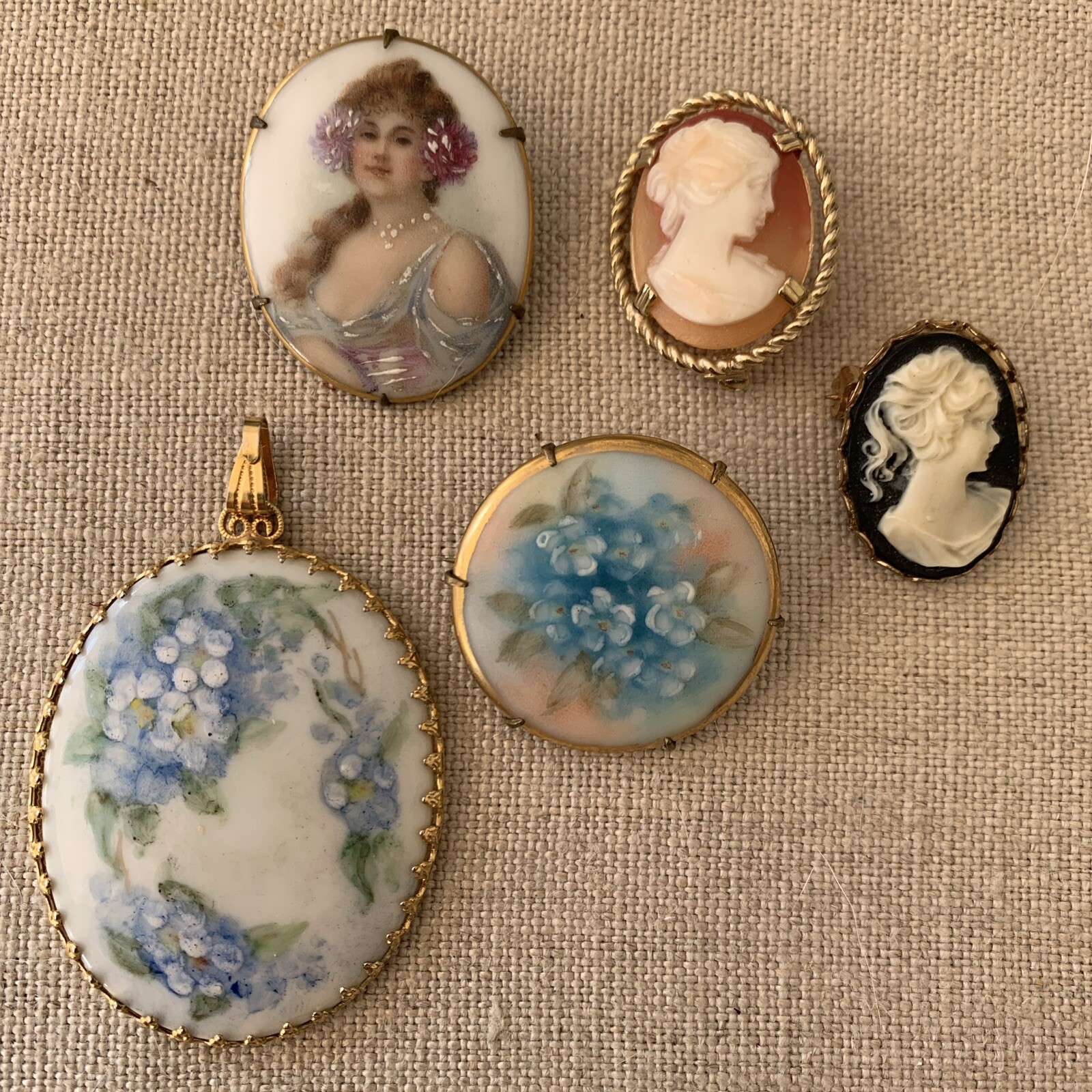 Antique/Vintage Painted Portrait, Flowers on Porcelain & 2 Cameos Pins