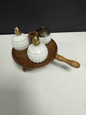 Vtg Hobnail White Milk Glass SALT & PEPPER MUSTARD/JAM Set on Wood Stand JAPAN