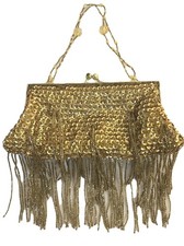 La Regale Gold Satin Sequins Evening Bag Kiss-lock Chain Strap Cascading Beads