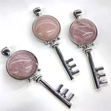 10pcs Natural Rose Quartz Stone Round Key Pendants Healing DIY Jewelry Making
