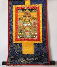 14Inch Brocade Gold Scroll Tibetan Thangka with Five Chabara Gods Wealth