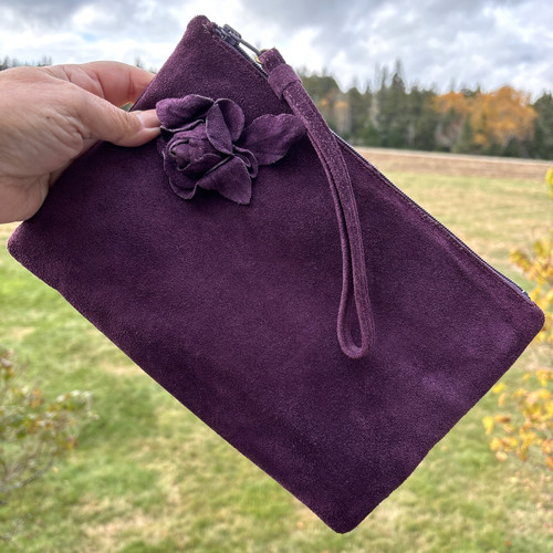 Ruth Saltz Clutch Purse Bag Purple Suede Applied flower 10x7”