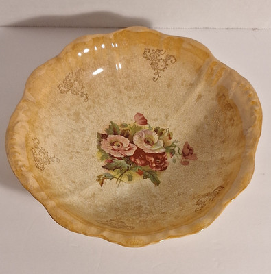 C.P.C.B. Floral Ceramic Bowl Beige Round Scalloped Rim Glossy Printed Mark