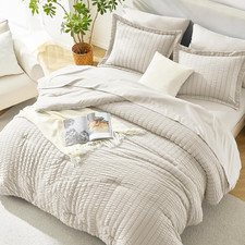 King Comforter Set, 7-Piece Seersucker Bed in a Bag, Beige 90 GSM Brushed Fabr