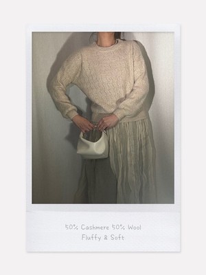 50% Kaschmir 50% Wolle Flauschiger Pullover - Elfenbein, mit Goldfaden & Regenbogen Pailletten