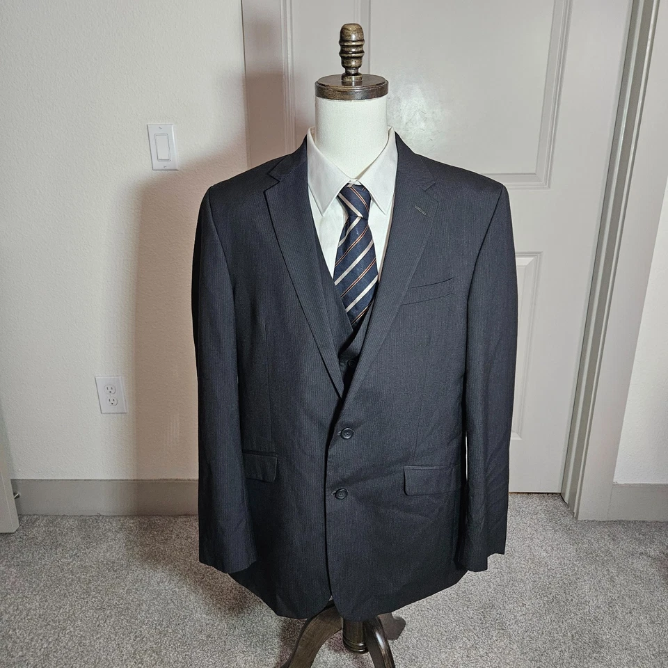 Calça masculina Kenneth Cole 46L não listada 3 peças terno blazer 40 x 32 cinza listrada preta - Imagem 2 de 4