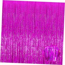 3 Pack Rose Red Foil Fringe Curtain Backdrop, 3.28Ft x 8.2Ft Metallic Fuchsia