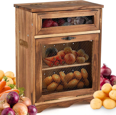Wooden Potato Bin, Ventilated Kitchen Counter Storage Bin