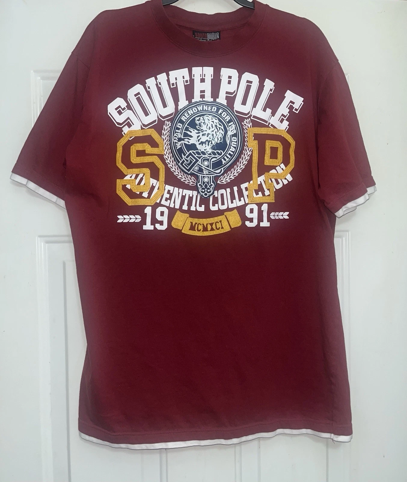 Vintage Y2K Southpole Size XL Men’s Layered T-shirt Patchwork Maroon Yellow