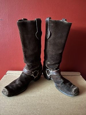 Vintage Brown Suede Harness Boots Women's Size 8.5 9 Moto Ring Strap Western
