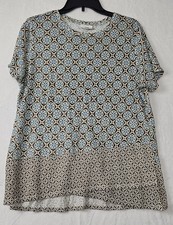 J Jill Womens Brown Blue Crew Neck Short Sleeve Linen Mock Tier Hem Shirt Size M