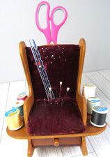 Vintage Wood Rocking Chair Thread Holder Sewing Caddy Filled Pins Needles More I