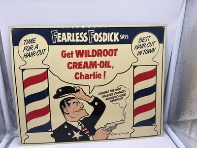 Vintage AL CAPP  Fearless Fosdick Wildroot Cream Oil Advertising Tin Sign 14x11