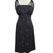 Betsy Adam Black Beaded Floral Mesh Overlay Cocktail Dress Midi Womens