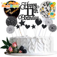 Tortendeko Happy Birthday Schwarz Glitter Cake Topper 11 Geburtstag 13 StüCk