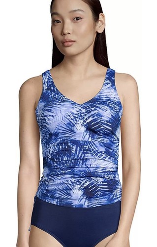 Lands End Adjustable Cinch V Neck Underwire Palm Tie Dye Tankini Top Blue 16 DD - Picture 2 of 9