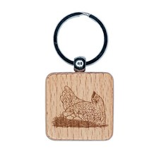Hen Laying on Eggs in a Nest Chicken Engraved Wood Square Keychain Tag Charm