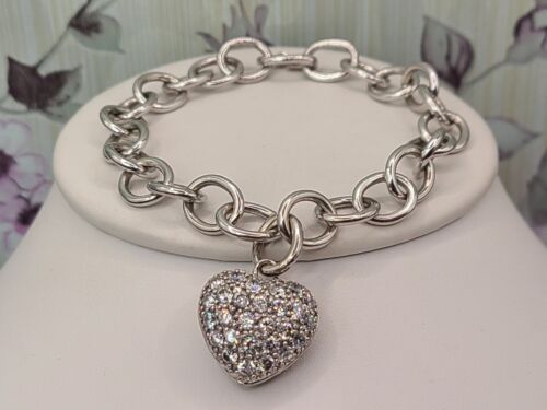 QVC Designer CI Sterling Silver 925 Large Clear CZ Heart Charm Chain Bracelet 7" - Picture 1 of 9