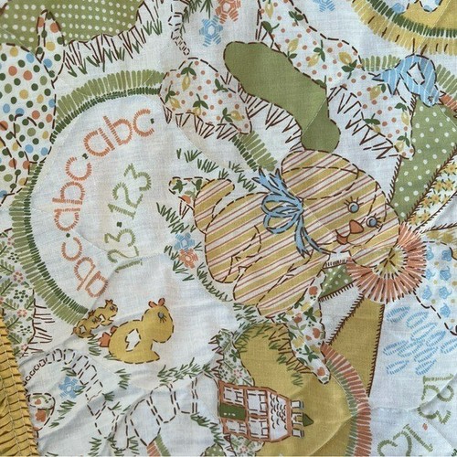 Vintage Sears ABC 123 Puppy Cat Duck Farm Quilted Crib Blanket Ruffled 33.5”x42”