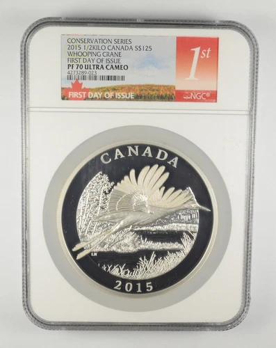 PF70 UCAM 2015 Canada 125 Dollars Whooping Crane 1/2 Kilo Silver FDOI NGC *3538