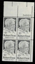 US. 1526. 10c. Robert Frost (1873-1963) Poet Issue. Plate Block of 4. MNH. 1974