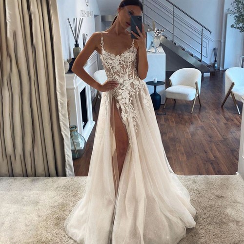 Sexy Wedding Dresses High Slit Lace Spaghetti A Line Beach Boho Bridal Gowns - Picture 3 of 9