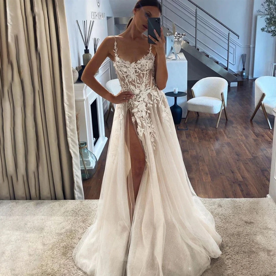 Sexy Wedding Dresses High Slit Lace Spaghetti A Line Beach Boho Bridal Gowns - Image 3 of 4