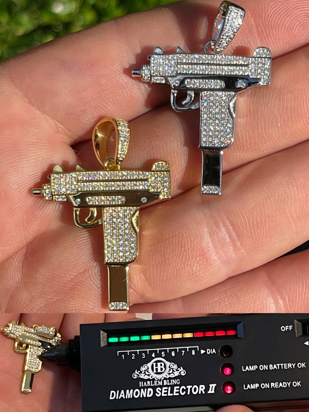 Pendentif pistolet Uzi véritable argent 925/or plaqué or MOISSANITE test passe glacée hip hop