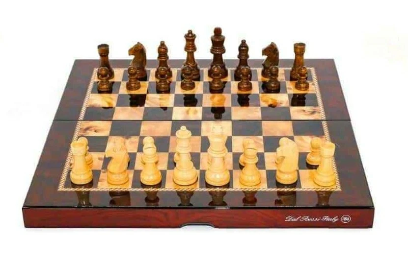 Dal Rossi Folding Mahogany Finish Chess Set 16 inch board w/ Timber Pieces