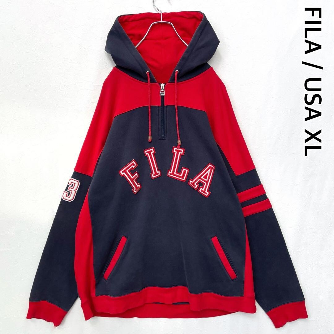 Felpa con cappuccio mezza zip FILA anni 90 bicolore fodera in pile taglia grande così