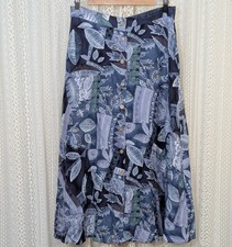 Vtg 90s Blue Floral Abstract Watercolor Midi Skirt A Line Button Front size M