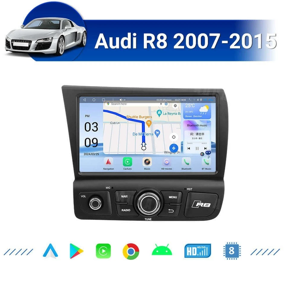 8" Android 13 Car Radio Touch Screen GPS Stereo For Audi R8 2007-2015 Head Unit Foto 2 de 4