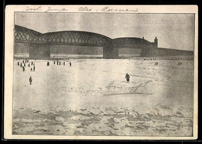 Mainz, Frozen Rhine 1929, People on Ice, Postcard 1929 