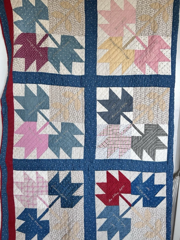 VTG Maple Leaf Quilt Handmade Hand Stitched Farmhouse Embroidered Names 87x88” - Image 2 of 4