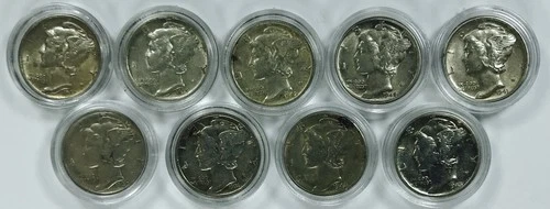 MERCURY DIME LOT! CHOICE AU! ALL IN CAPSULES! 9 TOTAL! WOW! NR #P2058