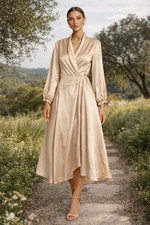 Nasty Gal Dress Champagne Satin Wrap Midi Long Sleeve V-Neck Tie Waist Elegant