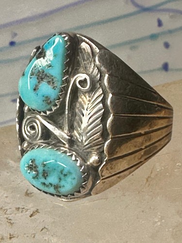 Navajo ring Turquoise band Floral leaves size 10.50 sterling silver women men - Picture 4 of 13