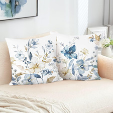 Blue Floral Throw Pillow Covers 18 x 18 Inch Watercolor Flowers Leaves Decorativ