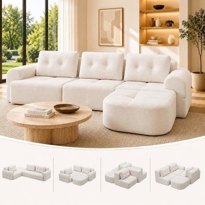 112'' L-Shaped Modular Sectional Sofa 4-Seater Cloud Couch W/ Chaise, Beige White
