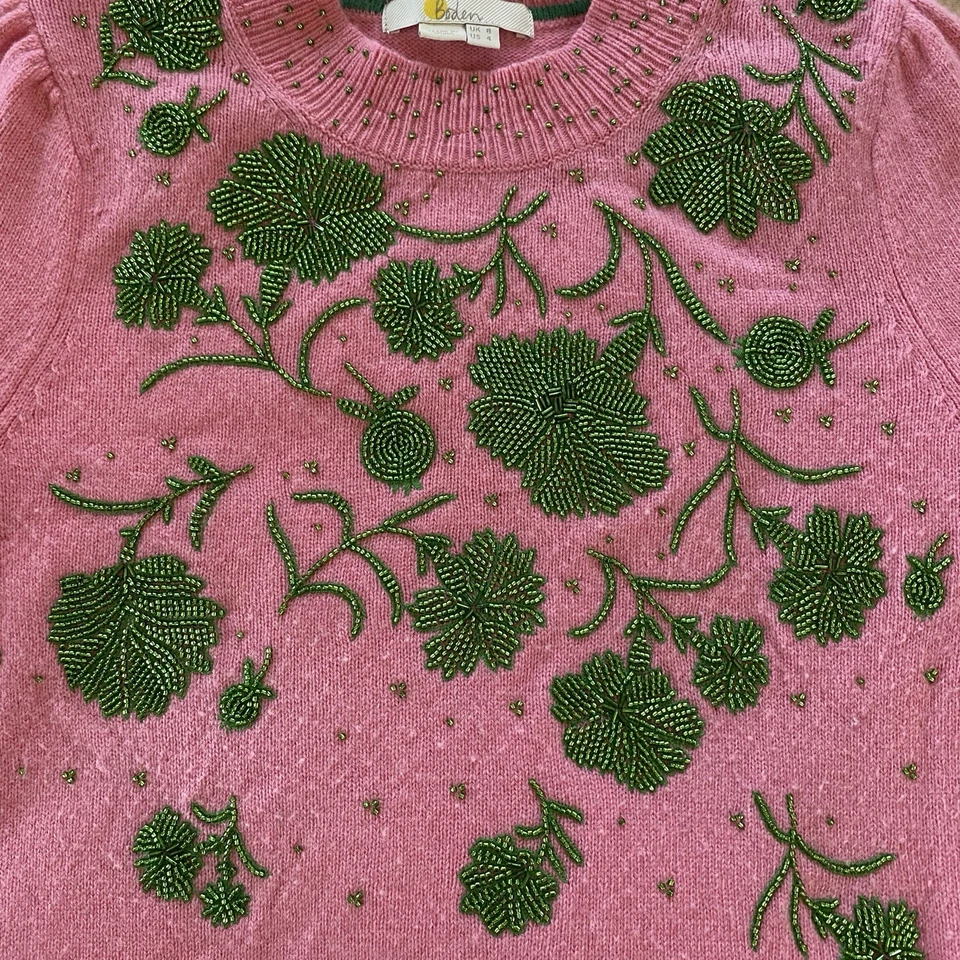 Suéter Pullover Boden Cuello Simulado Con Cuentas Para Mujer Talla 4 Rosa Verde Hada Cottage Foto 4 de 4