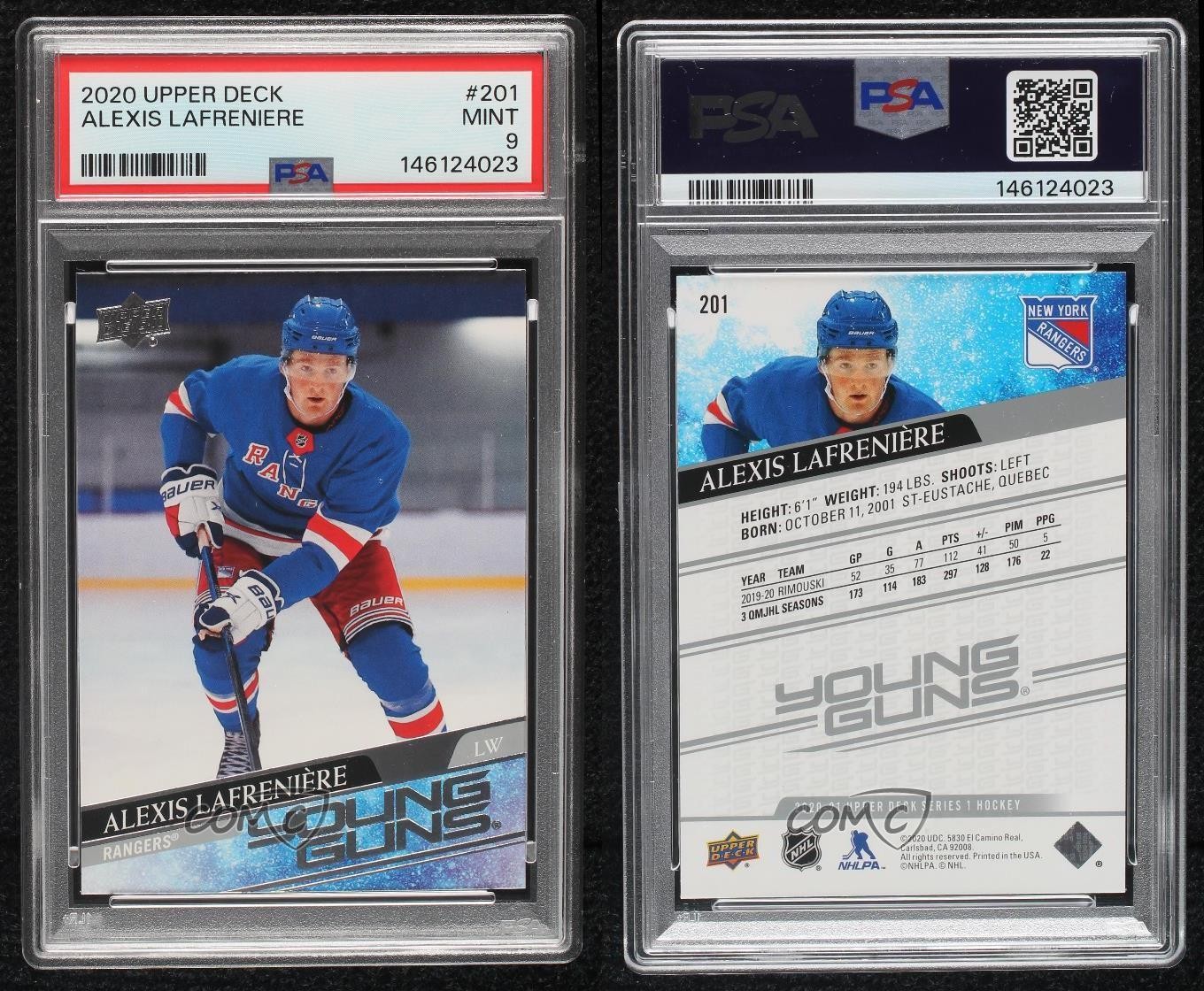 2020-21 Upper Deck Young Guns Alexis Lafreniere #201 PSA 9 MINT Rookie RC 0tq9 view 3