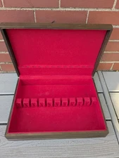  VTG Wood LINED Flatware STORAGE BOX WOODGRAIN RED Interior 