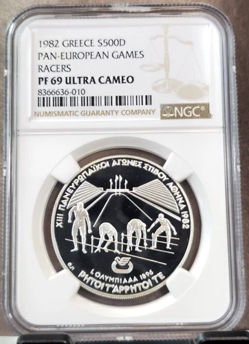 1982 GREECE SILVER 500 DRACHMAI PAN EUROPEAN GAMES NGC PF 69 ULTRA CAMEO TOP POP