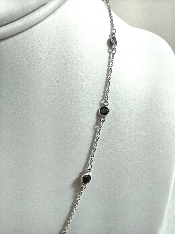 Ожерелье из белого золота 14 карат с черным ониксом круглой огранки созданное в лаборатории 6 карат - Изображение 3 из 4